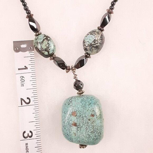 Turquoise Large Stone Hematite Necklace Faceted Beads Baubles Handmade Nice! - Picture 3 of 7
